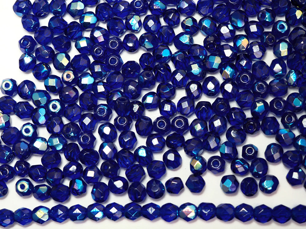 Cobalt Blue AB coated Czech Fire Polished Round Faceted Glass Beads 16 inch strand 3mm 4mm 6mm 8mm Navy Blue with Aurora Boreale
