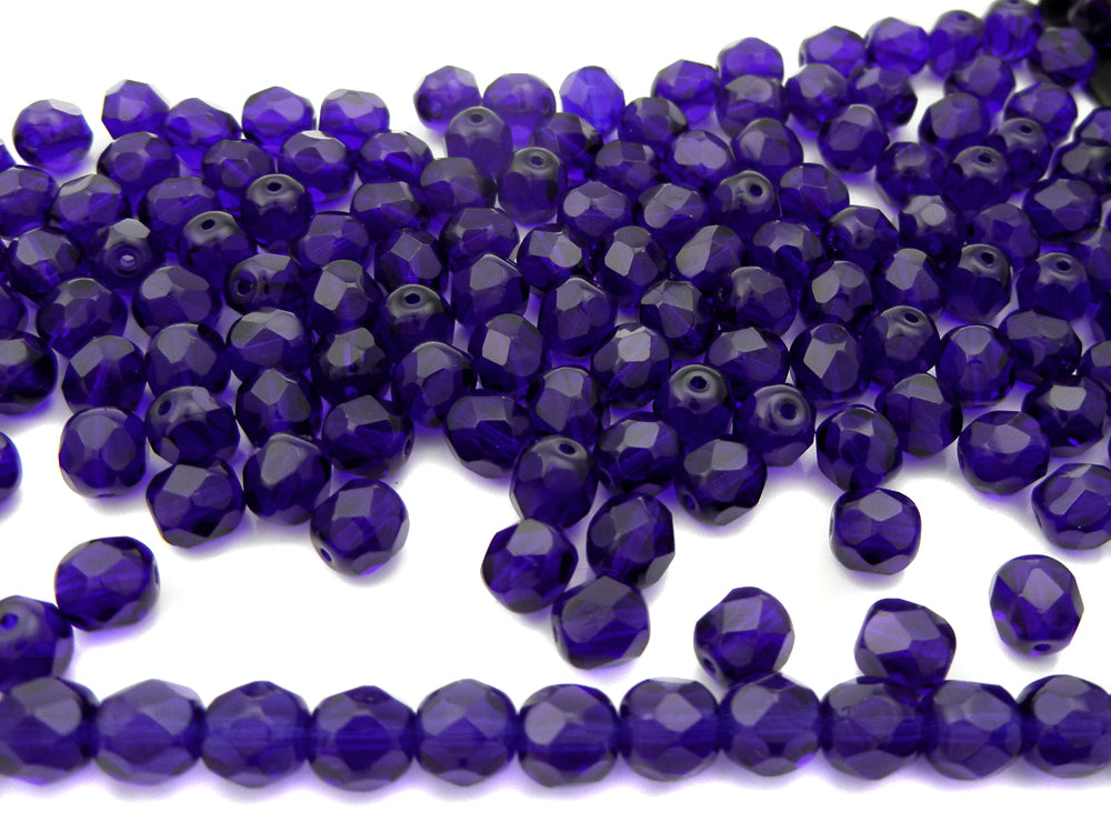 Cobalt Blue, Czech Fire Polished Round Faceted Glass Beads, 16 inch strand