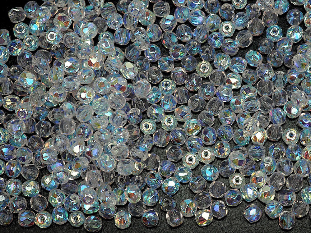 Crystal AB2X fully coated, loose Czech Fire Polished Round Faceted Glass Beads