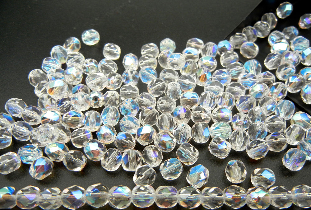 Crystal AB, loose Czech Fire Polished Round Faceted Glass Beads (clear coated with Aurora Borealis)