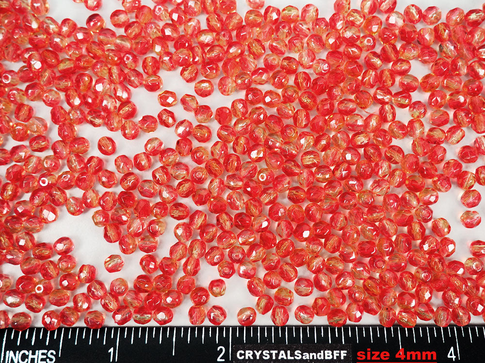 Crystal Arizona Sun coated, Czech Fire Polished Round Faceted Glass Beads, 16 inch strand, 2-tone red and yellow