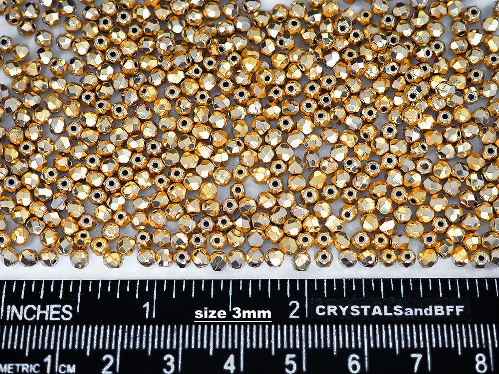 Crystal Aurum 2X fully coated Gold loose Czech Fire Polished Round Faceted Glass Beads bulk 3mm and 4mm