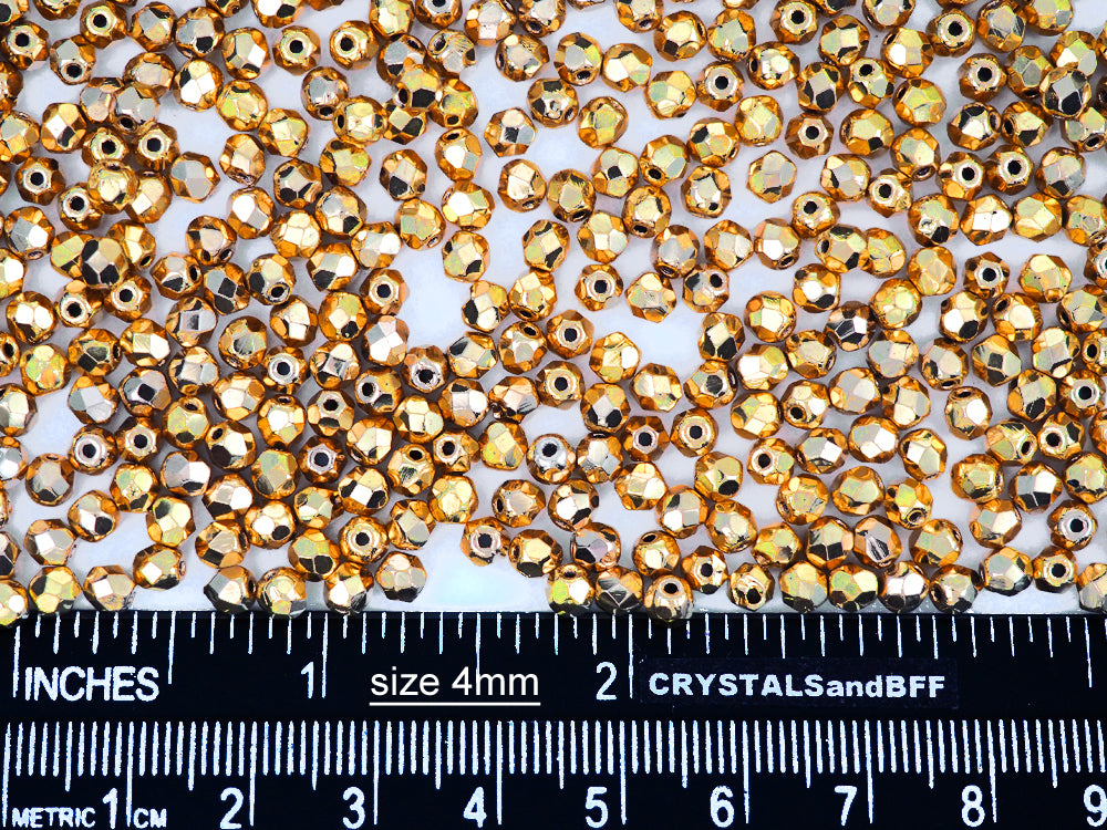 Crystal Aurum 2X fully coated Gold loose Czech Fire Polished Round Faceted Glass Beads bulk 3mm and 4mm
