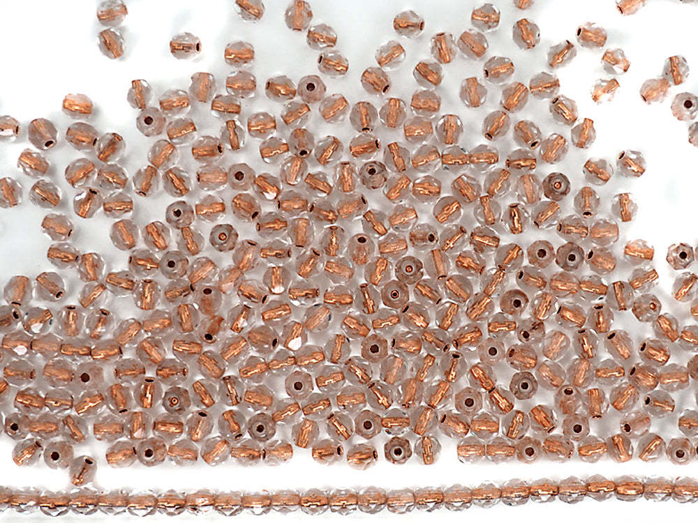 Crystal Copper Lined, loose Czech Fire Polished Round Faceted Glass Beads (clear crystal with metallic copper color lining)