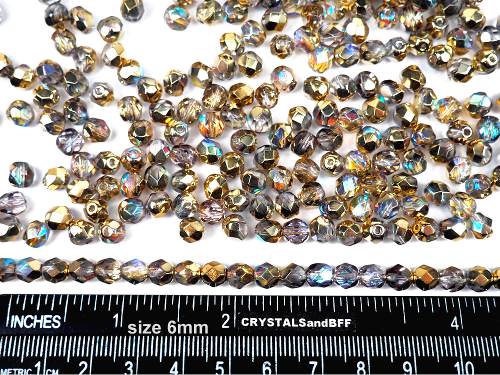 Crystal Golden Rainbow coated, Czech Fire Polished Round Faceted Glass Beads, Aurum Rainbow, 3mm, 4mm, 6mm