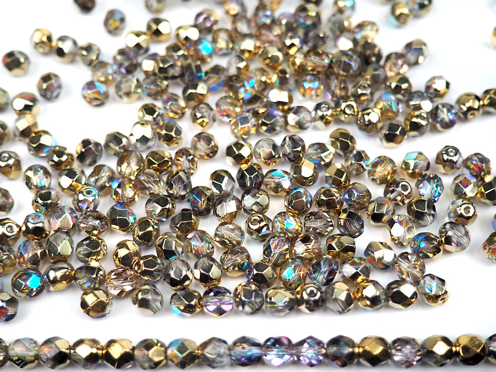 Crystal Golden Rainbow coated, Czech Fire Polished Round Faceted Glass Beads, Aurum Rainbow, 3mm, 4mm, 6mm