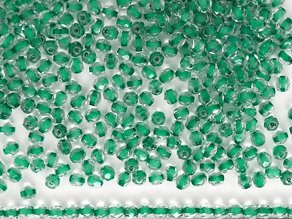 Bead, glass, transparent light spring green, 13-14mm faceted round