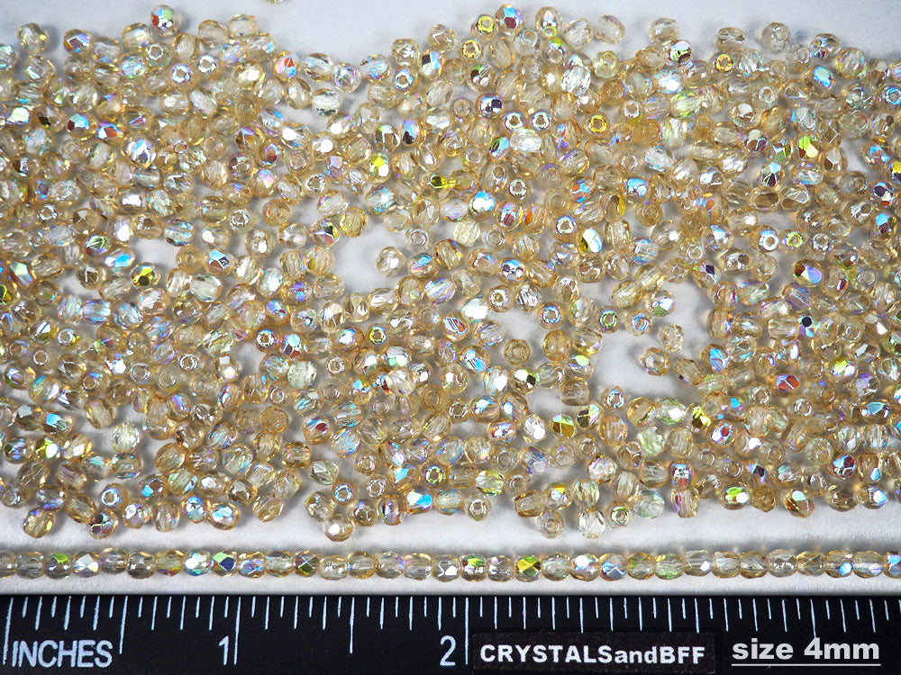 Crystal Lemon Rainbow coated, Czech Fire Polished Round Faceted Glass Beads, 3mm, 4mm, 6mm