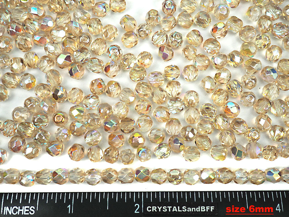 Crystal Lemon Rainbow coated, Czech Fire Polished Round Faceted Glass Beads, 3mm, 4mm, 6mm