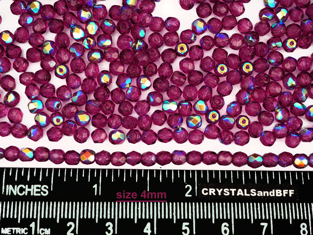 Crystal Pink Flare AB coated, Czech Fire Polished Round Faceted Glass Beads, 16 inch strand