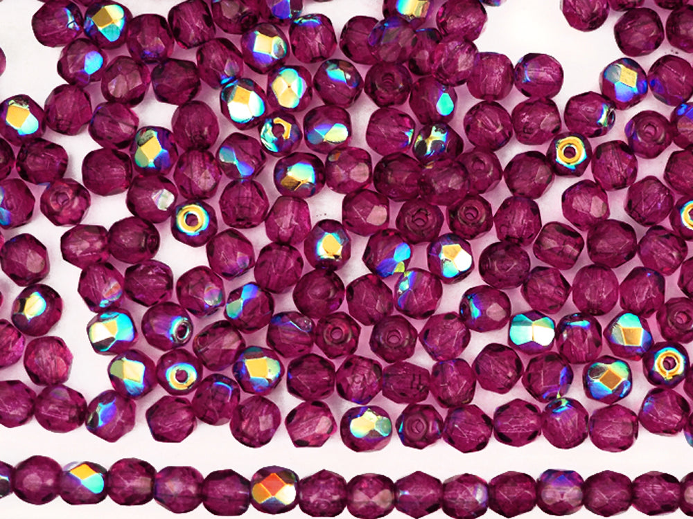 Crystal Pink Flare AB coated, Czech Fire Polished Round Faceted Glass Beads, 16 inch strand