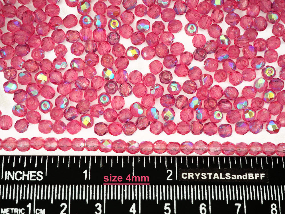 Crystal Pink Rose AB coated, Czech Fire Polished Round Faceted Glass Beads, 16 inch strand