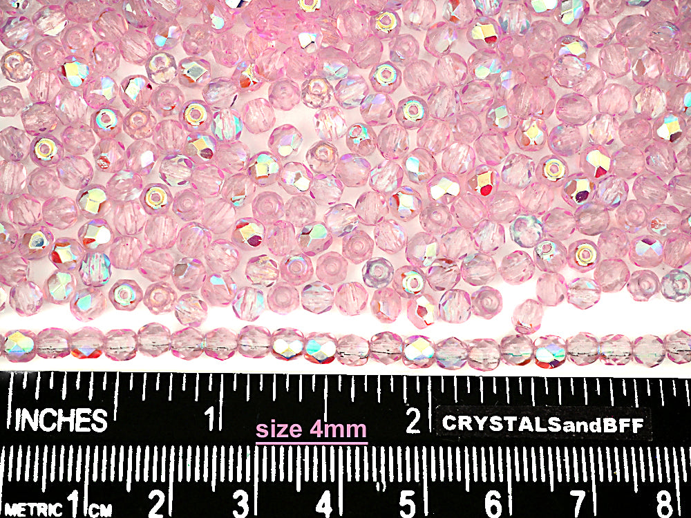 Crystal Pink Shimmer AB coated, Czech Fire Polished Round Faceted Glass Beads, 16 inch strand