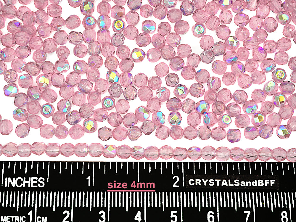 Crystal Pink Shimmer AB coated, Czech Fire Polished Round Faceted Glass Beads, 16 inch strand