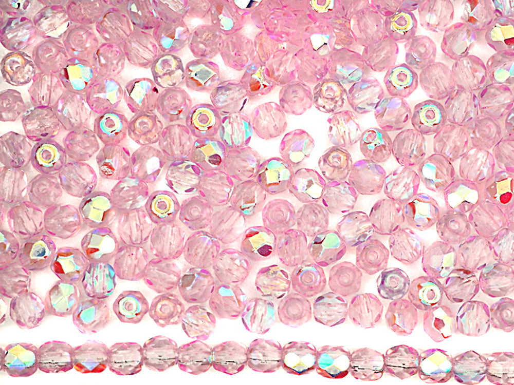 Crystal Pink Shimmer AB coated, loose Czech Fire Polished Round Faceted Glass Beads, 3mm, 4mm, 6mm