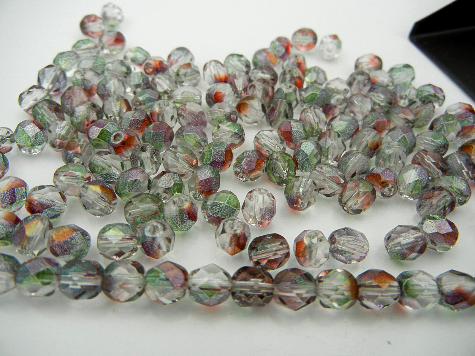 Crystal Pomegranate Luster coated, loose Czech Fire Polished Round Faceted Glass Beads