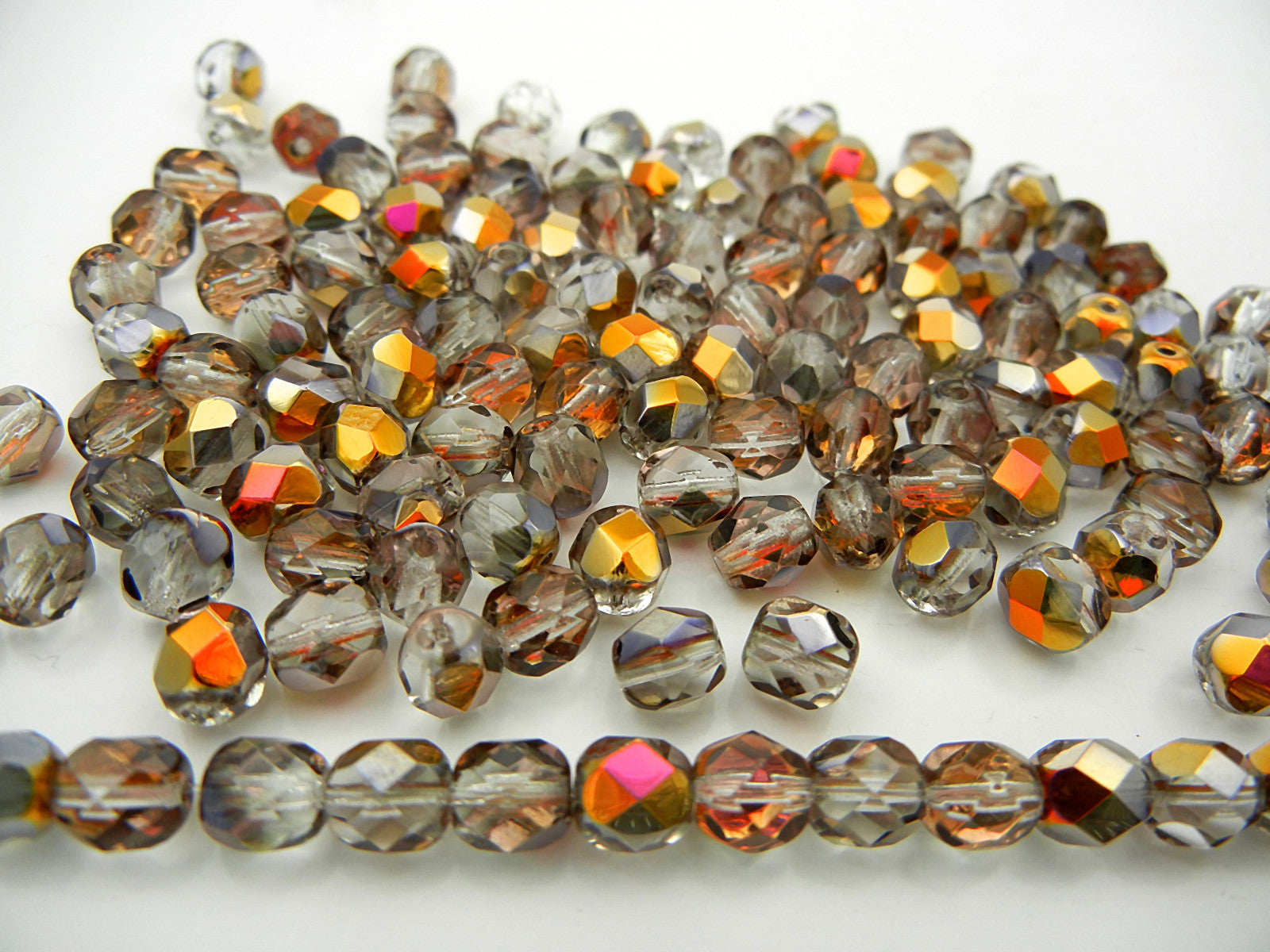 Crystal Santander coated, loose Czech Fire Polished Round Faceted Glass Beads