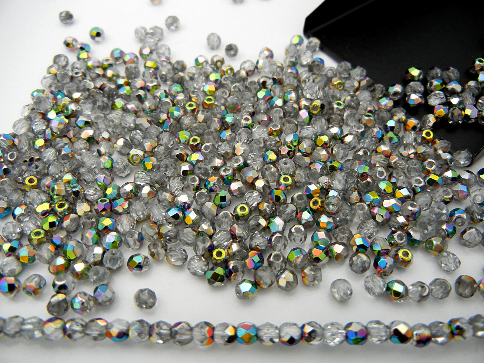 Crystal Vitrail (Vitrail Medium) coated, loose Czech Fire Polished Round Faceted Glass Beads, clear half coated with vitrail green metallic