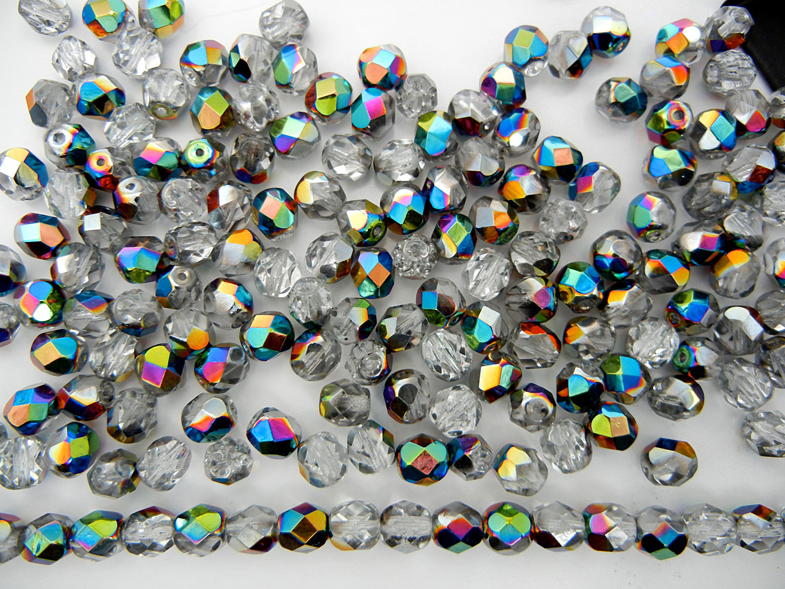 Crystal Vitrail (Vitrail Medium) coated, loose Czech Fire Polished Round Faceted Glass Beads, clear half coated with vitrail green metallic