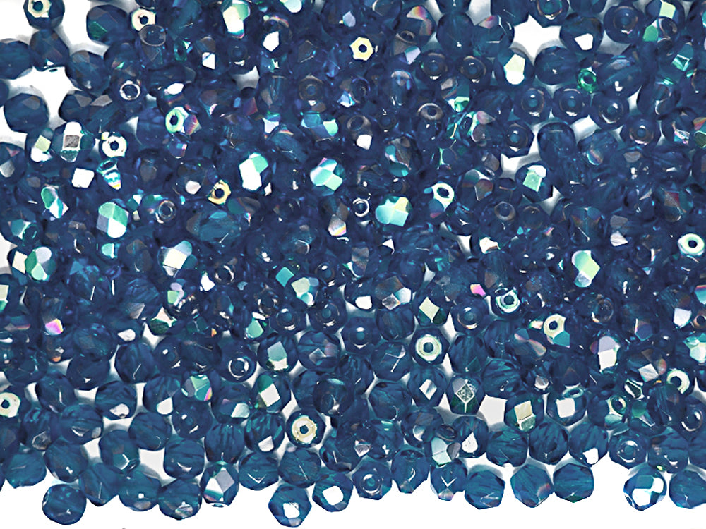 Dark Aqua AB coated, Czech Fire Polished Round Faceted Glass Beads, 16 inch strand, dark blue coated with Aurora Borealis