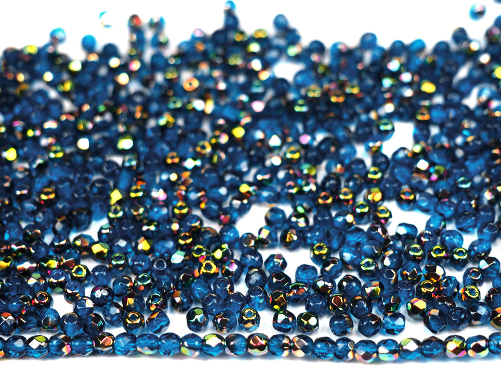 Dark Aqua Vitrail coated, Czech Fire Polished Round Faceted Glass Beads, 16 inch strand, dark blue coated with Vitrail Medium
