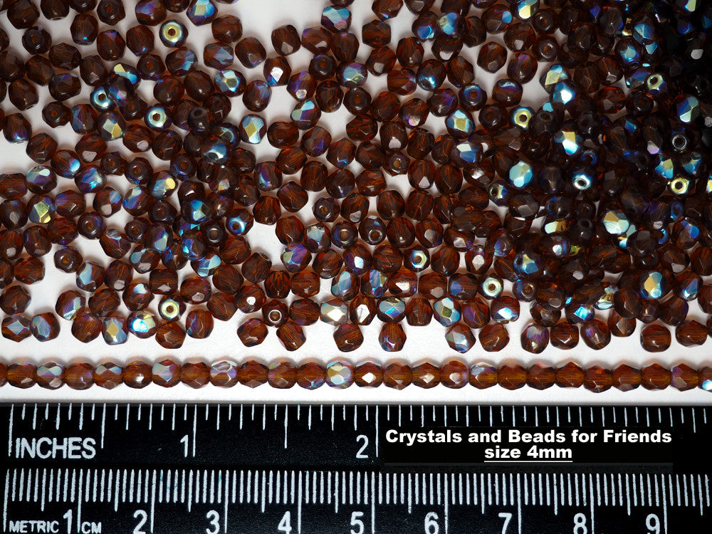 Dark Topaz AB coated, loose Czech Fire Polished Round Faceted Glass Beads, Brown with AB, 3mm, 4mm, 6mm