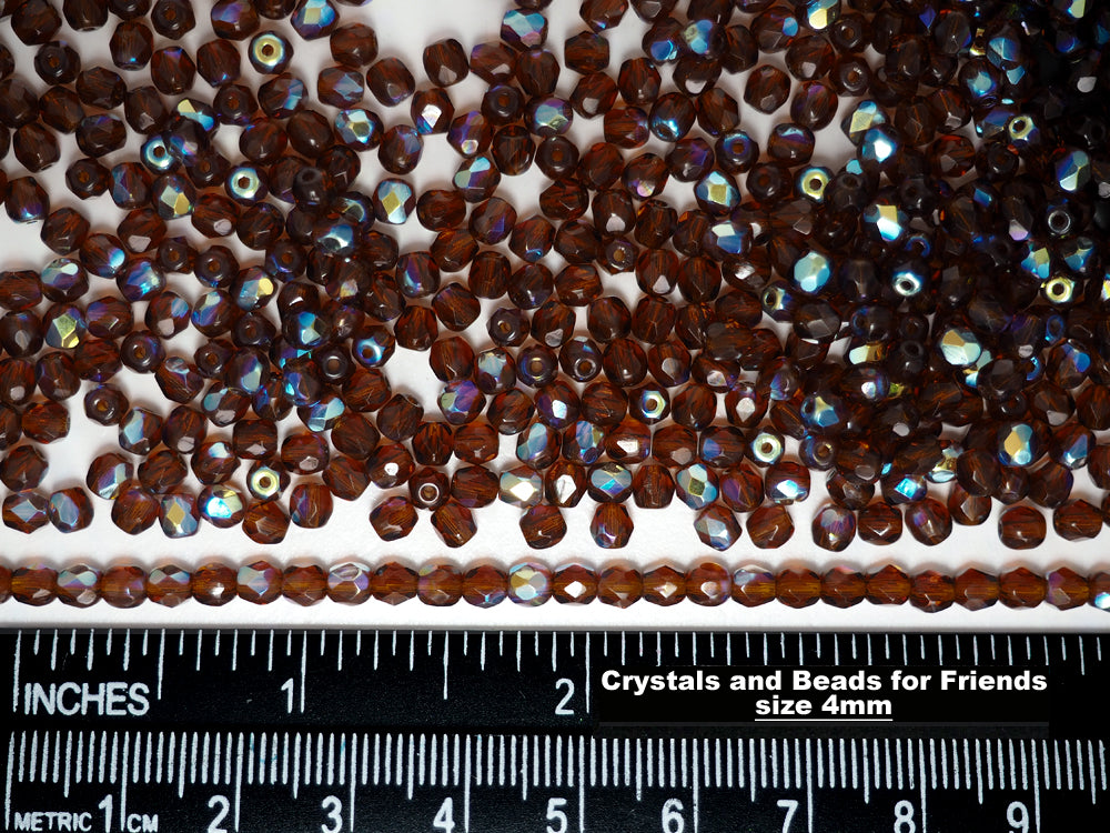 Dark Topaz AB coated, Czech Fire Polished Round Faceted Glass Beads, 16 inch strand, 3mm, 4mm, 6mm