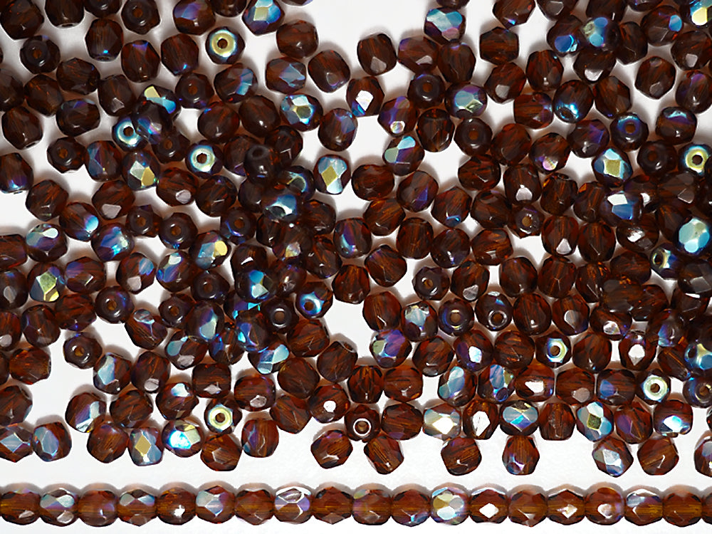 Dark Topaz AB coated, loose Czech Fire Polished Round Faceted Glass Beads, Brown with AB, 3mm, 4mm, 6mm
