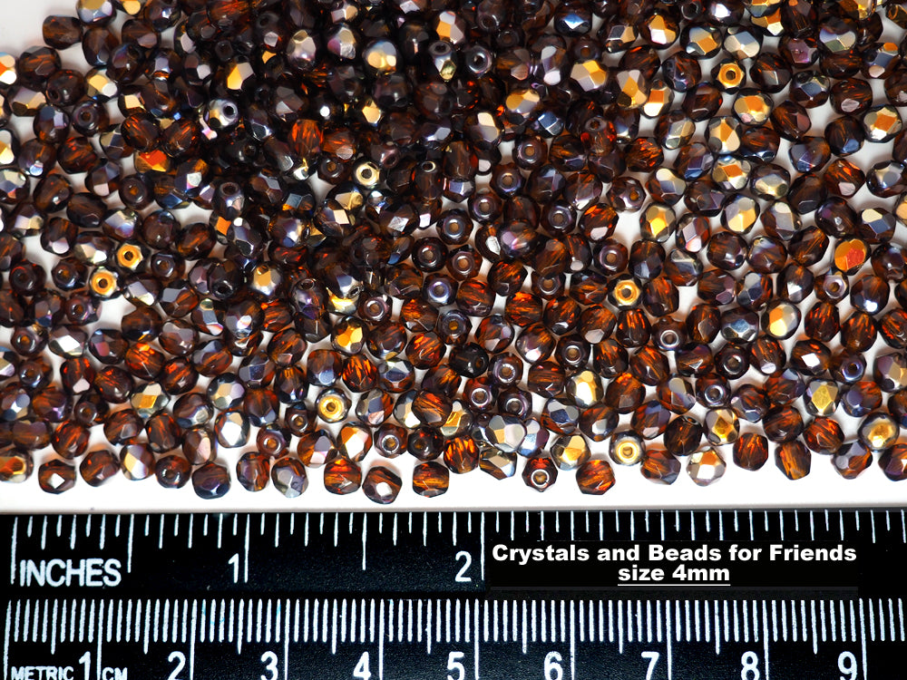 Dark Topaz Santander coated, Czech Fire Polished Round Faceted Glass Beads, 16 inch strand