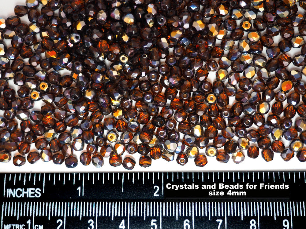 Dark Topaz Santander coated, loose Czech Fire Polished Round Faceted Glass Beads, brown with metallic coating, 4mm, 600pcs