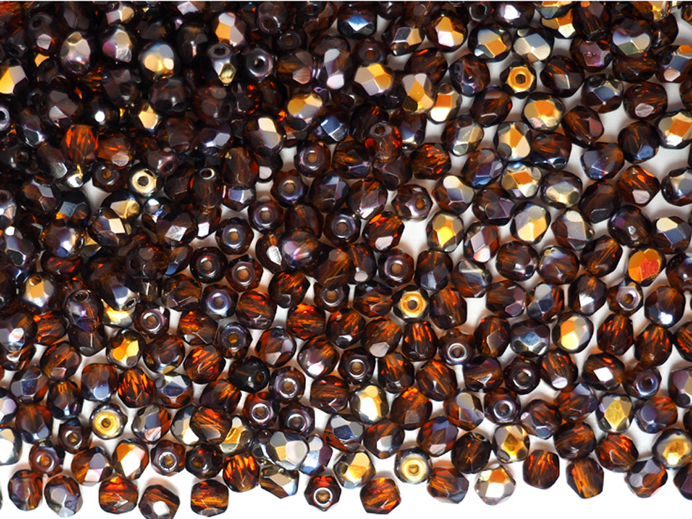 Dark Topaz Santander coated, loose Czech Fire Polished Round Faceted Glass Beads, brown with metallic coating, 4mm, 600pcs