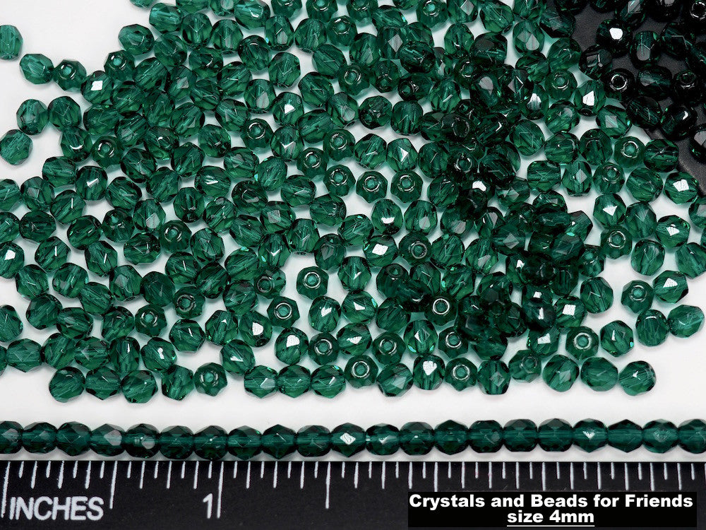 Emerald green, Czech Fire Polished Round Faceted Glass Beads, 16 inch strand