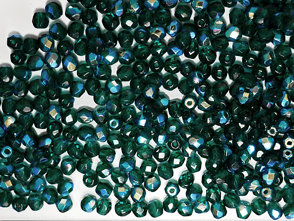 Emerald AB coated, Czech Fire Polished Round Faceted Glass Beads, 16 inch strand