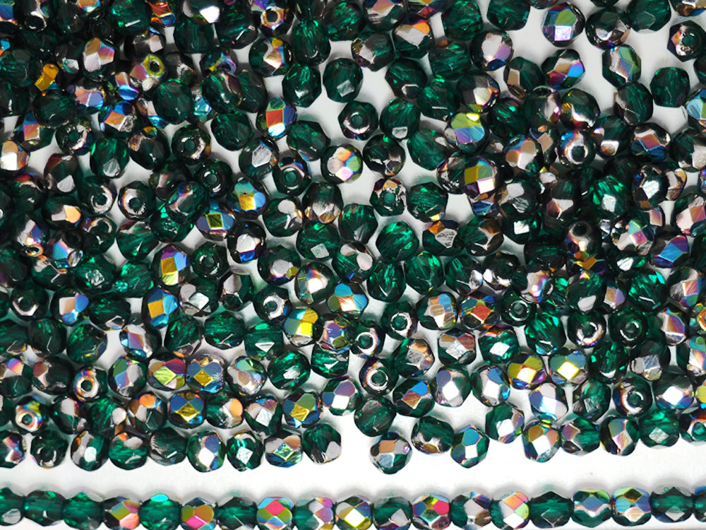 Emerald Vitrail coated, loose Czech Fire Polished Round Faceted Glass Beads