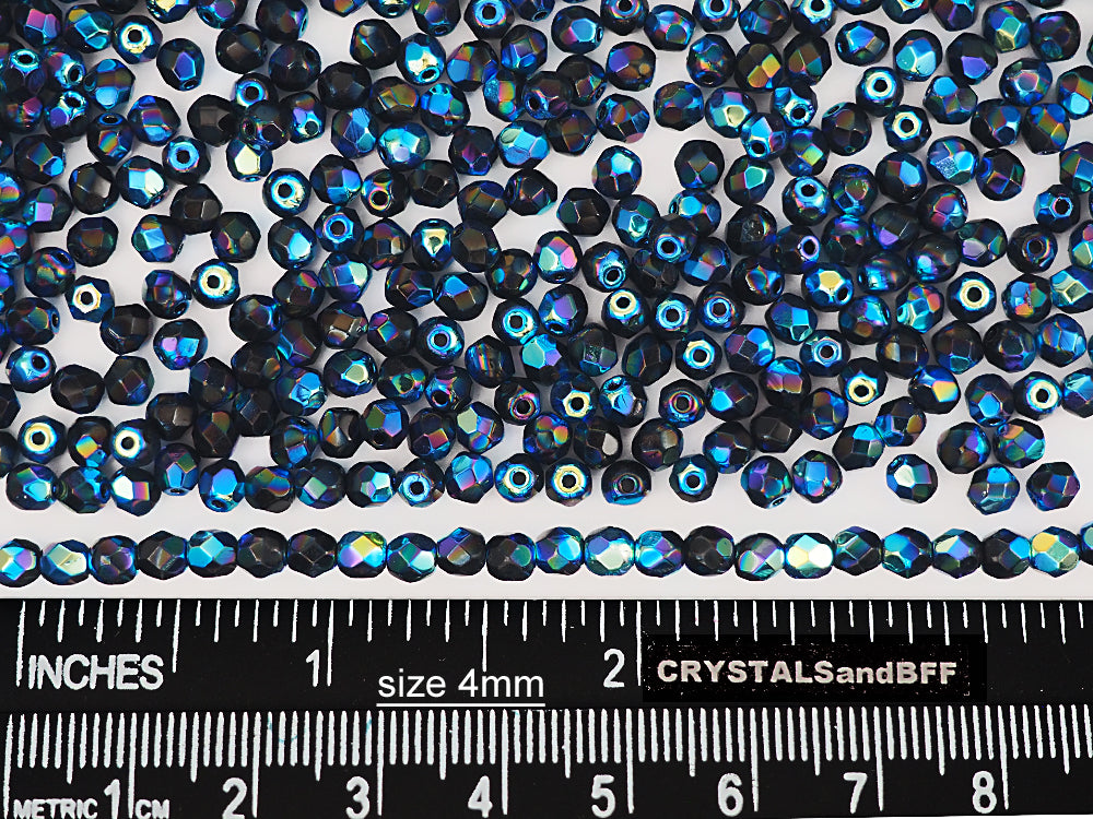 Jet AB2X Fully coated, loose Czech Fire Polished Round Faceted Glass Beads
