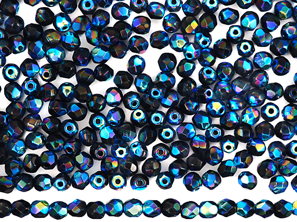 Jet AB2X Fully coated, loose Czech Fire Polished Round Faceted Glass Beads