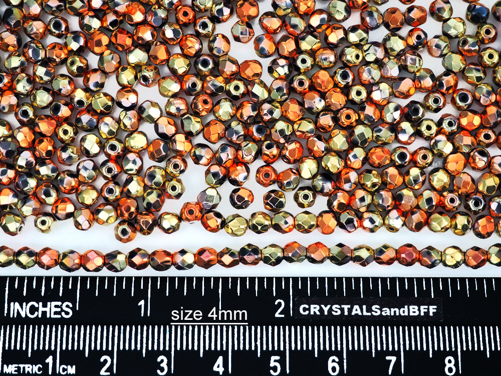 Jet California Golden Rush coated, loose Czech Fire Polished Round Faceted Glass Beads