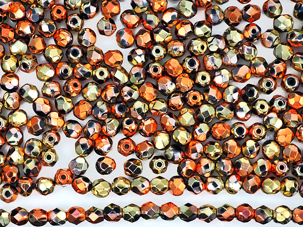 Jet California Golden Rush coated, loose Czech Fire Polished Round Faceted Glass Beads