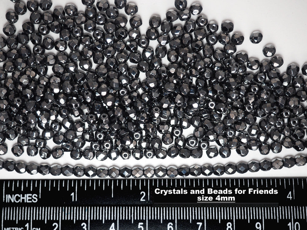 Jet Hematite fully coated, loose Czech Fire Polished Round Faceted Glass Beads, dark metallic silver