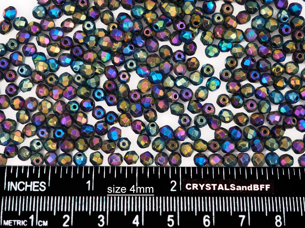 Jet Blue Star Iris (Rainbow Iris), loose Czech Fire Polished Round Faceted Glass Beads