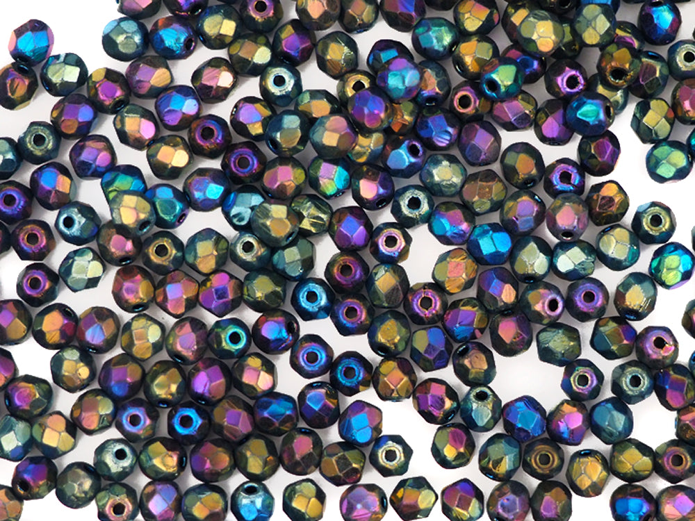 Jet Blue Star Iris (Rainbow Iris), loose Czech Fire Polished Round Faceted Glass Beads