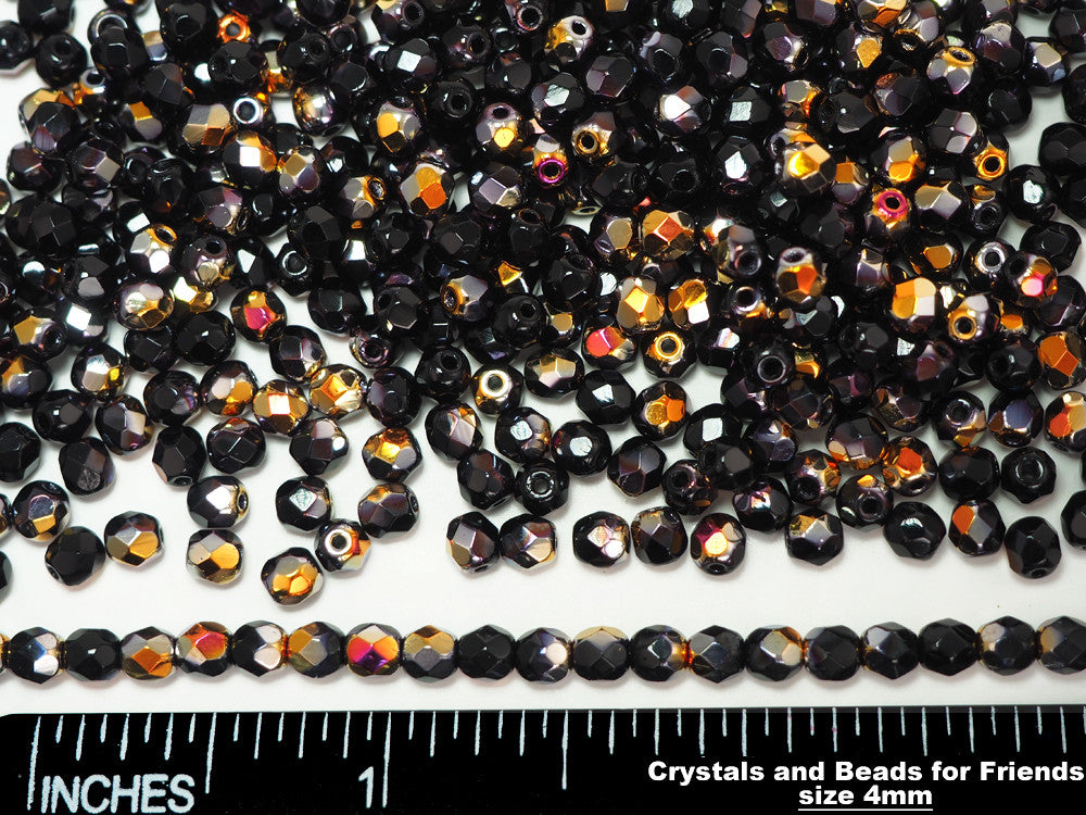 Jet Santander coated, loose Czech Fire Polished Round Faceted Glass Beads