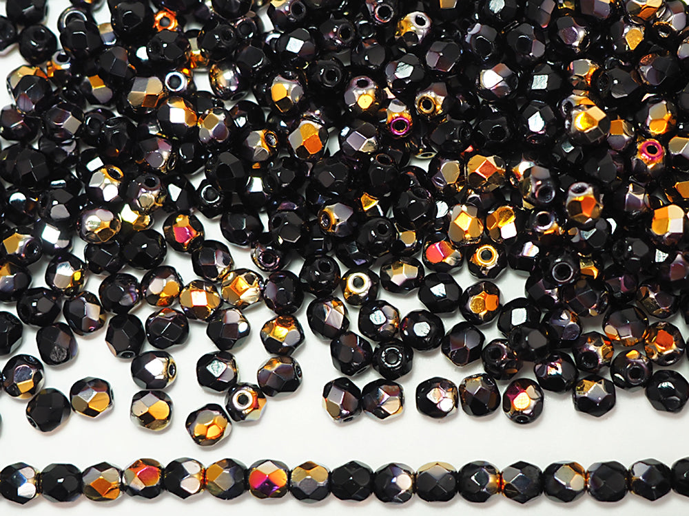 Jet Santander coated, loose Czech Fire Polished Round Faceted Glass Beads
