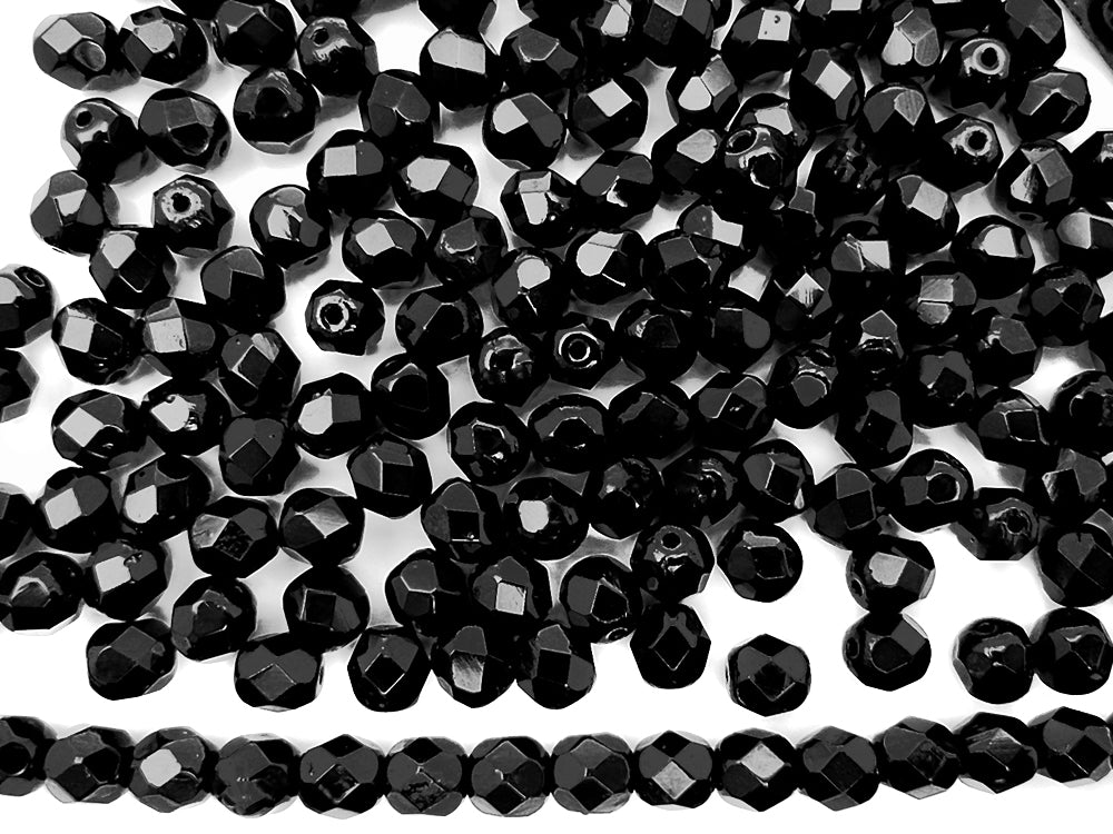 Jet, loose Czech Fire Polished Round Faceted Glass Beads, jet black
