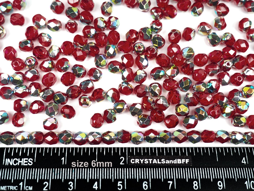 Light Siam Vitrail coated, loose Czech Fire Polished Round Faceted Glass Beads, red with Vitrail Medium coating