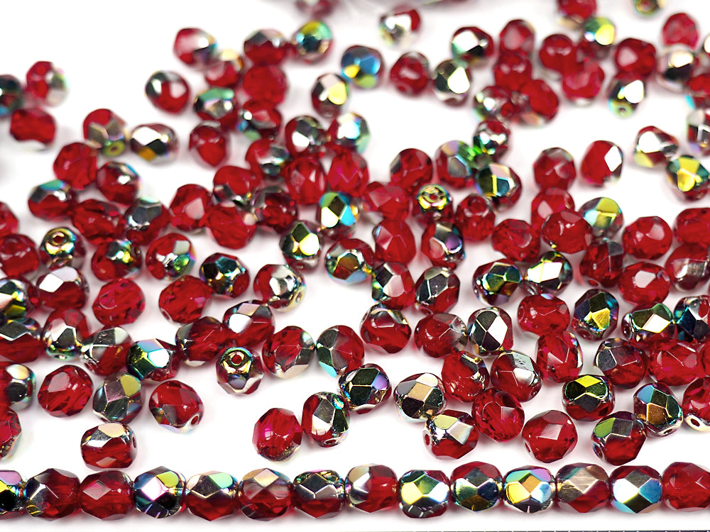 Light Siam Vitrail coated, loose Czech Fire Polished Round Faceted Glass Beads, red with Vitrail Medium coating