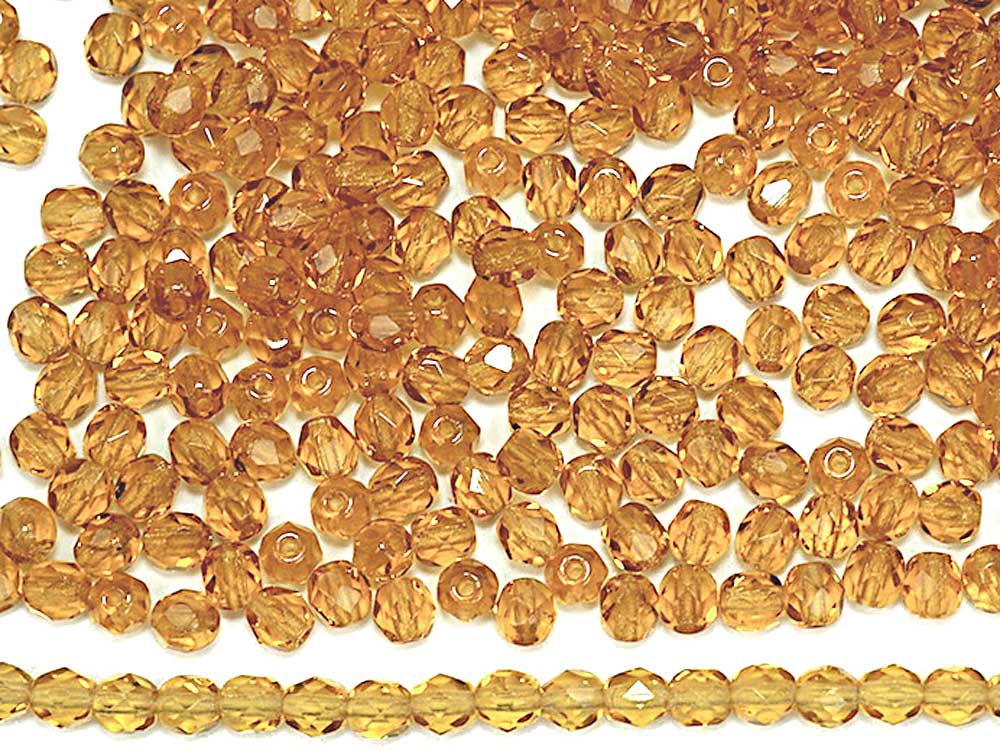 Light Topaz Czech Fire Polished Round Faceted Glass Beads golden brown