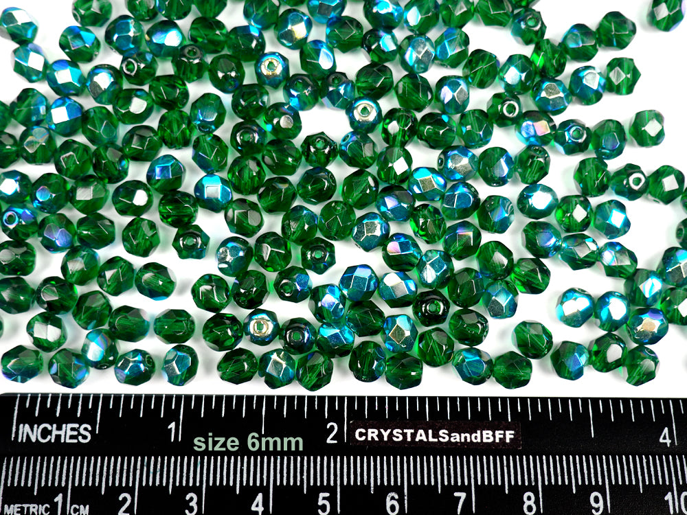 Medium Emerald AB, loose Czech Fire Polished Round Faceted Glass Beads, green with Aurora Borealis coating, 3mm, 4mm, 6mm