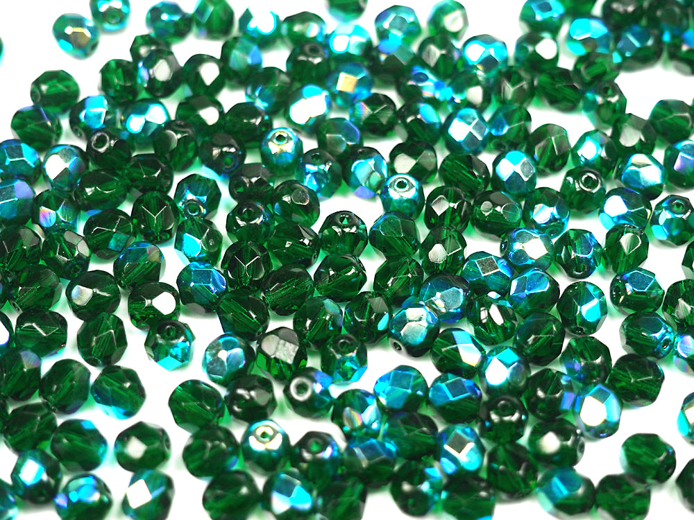 Medium Emerald AB, loose Czech Fire Polished Round Faceted Glass Beads, green with Aurora Borealis coating, 3mm, 4mm, 6mm