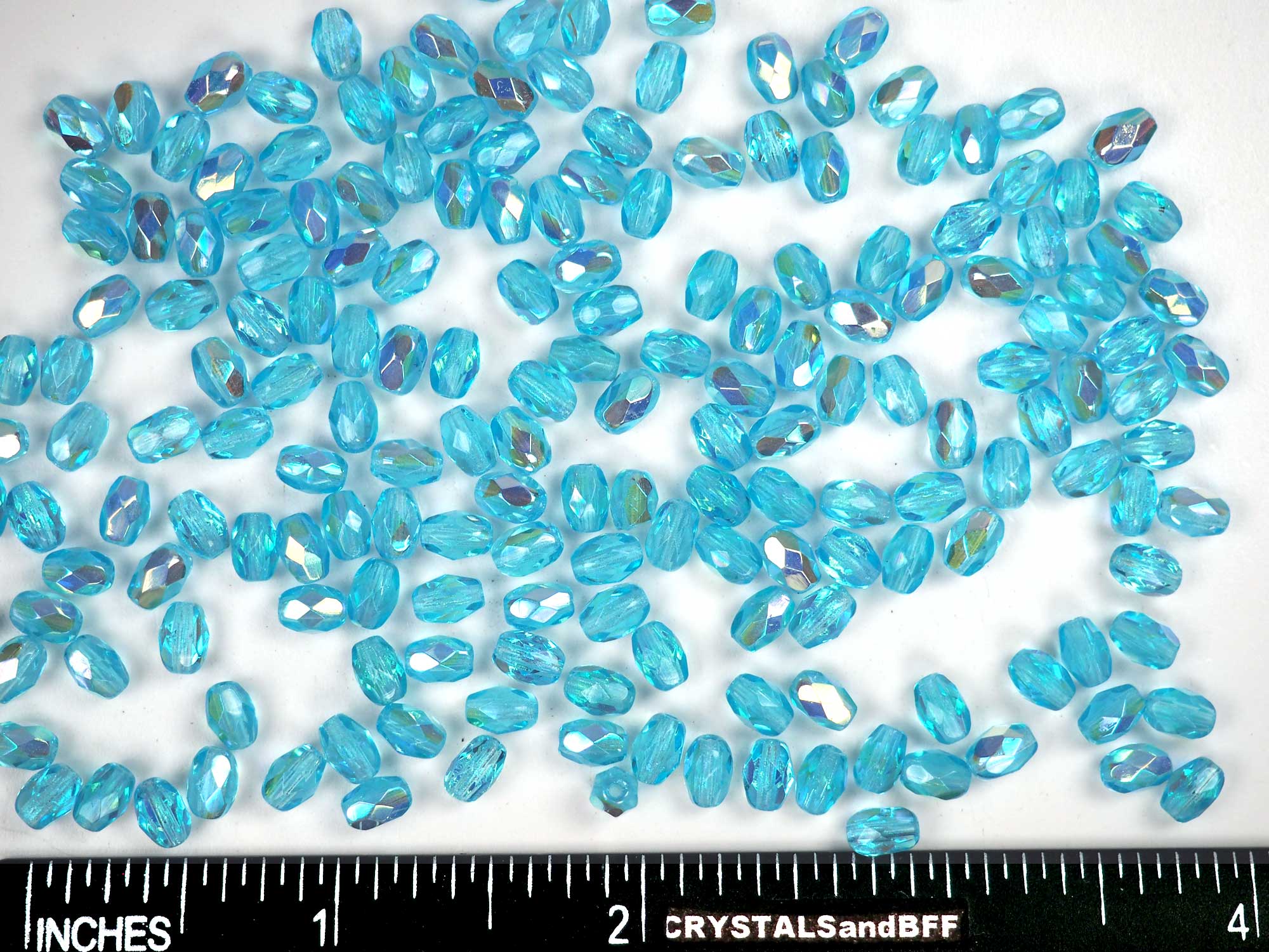 Czech Glass Olive Shaped Faceted Fire Polished Beads 6x4mm Aqua AB coated, 80 pieces, P848